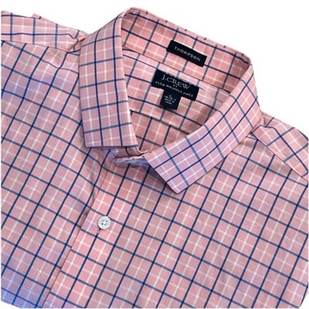 J Crew Thompson Button Up Men's L (16-16 1/2) Flex Wrinkle Free Pink Blue Check